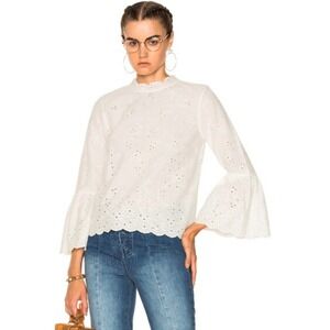 Ulla Johnson Women Cotton Linen Eyelet Bell Sleeve Top White Sz 6 Cottage Dainty